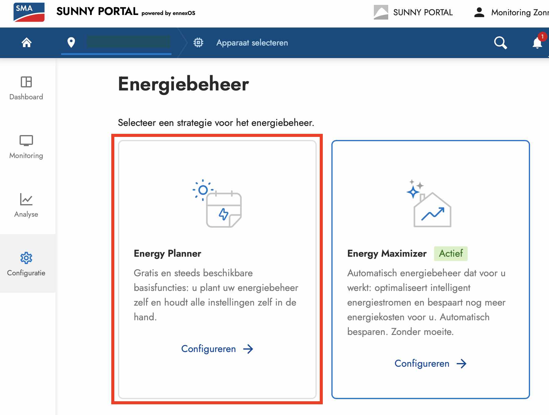 energy planner selecteren